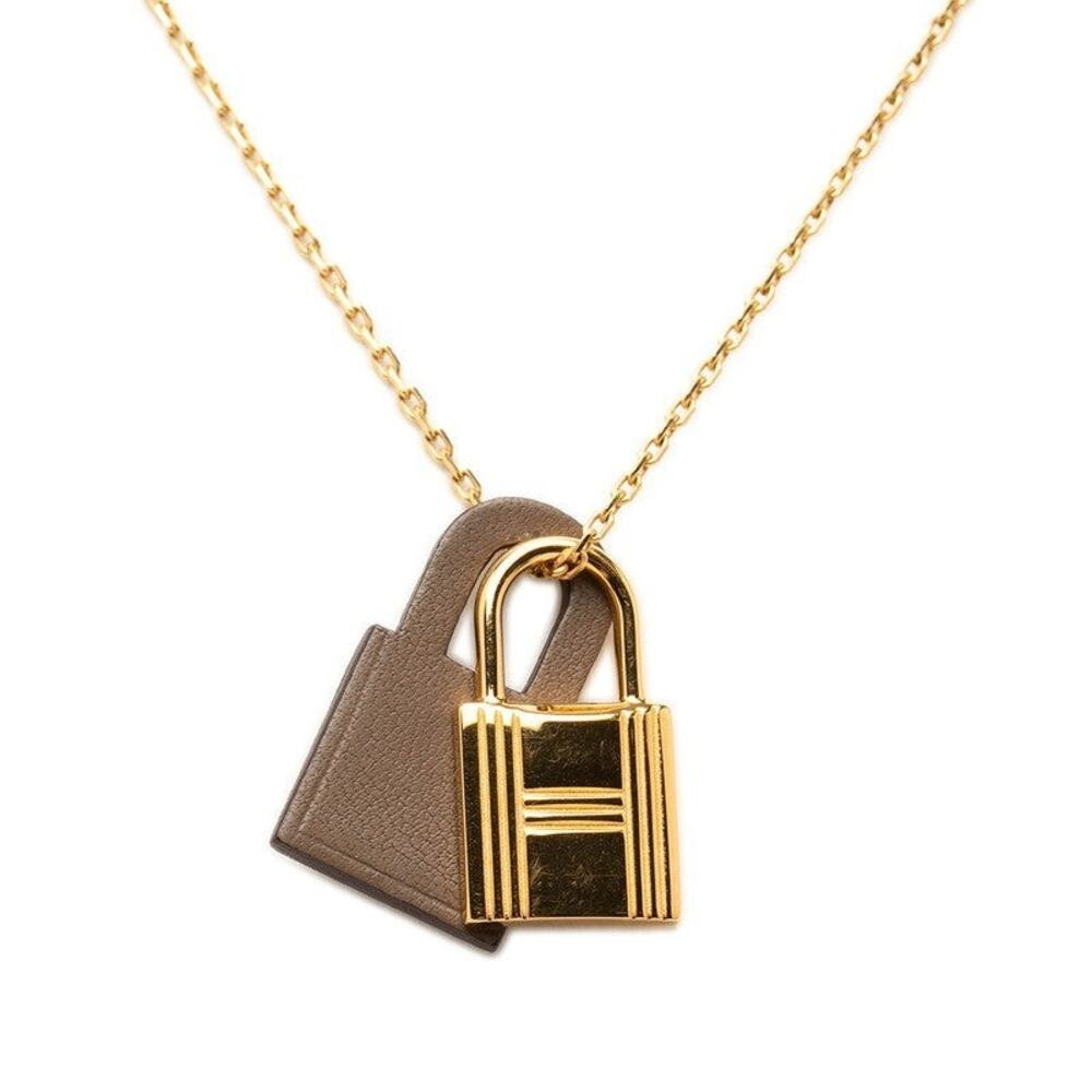 Hermes O'Kelly PM Pendant Necklace Gold Etoupe Gray Plated Swift